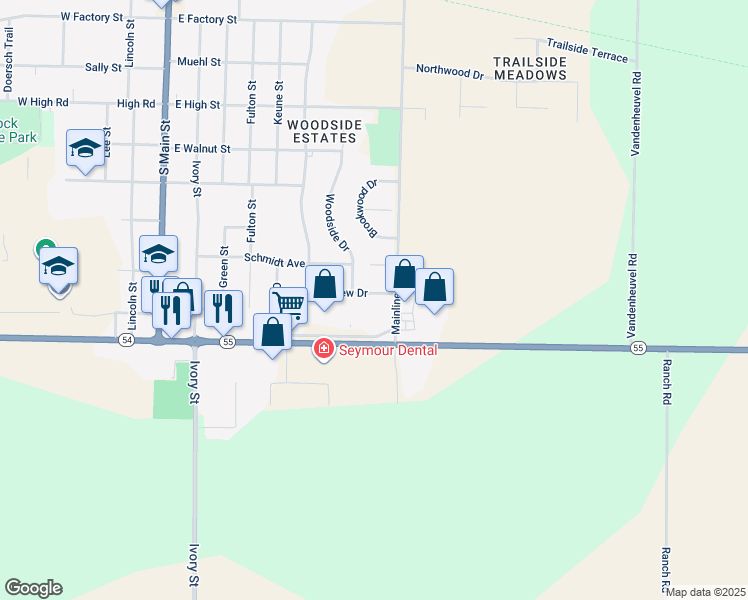 map of restaurants, bars, coffee shops, grocery stores, and more near 732 Crestview Drive in Seymour