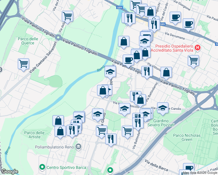 map of restaurants, bars, coffee shops, grocery stores, and more near 2-4 Via Umberto Boccioni in Bologna