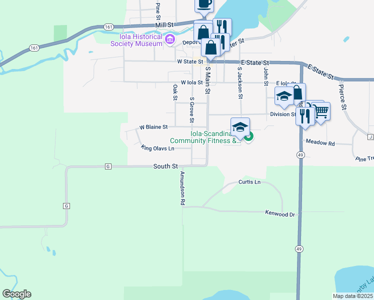 map of restaurants, bars, coffee shops, grocery stores, and more near 315 King Olavs Lane in Iola
