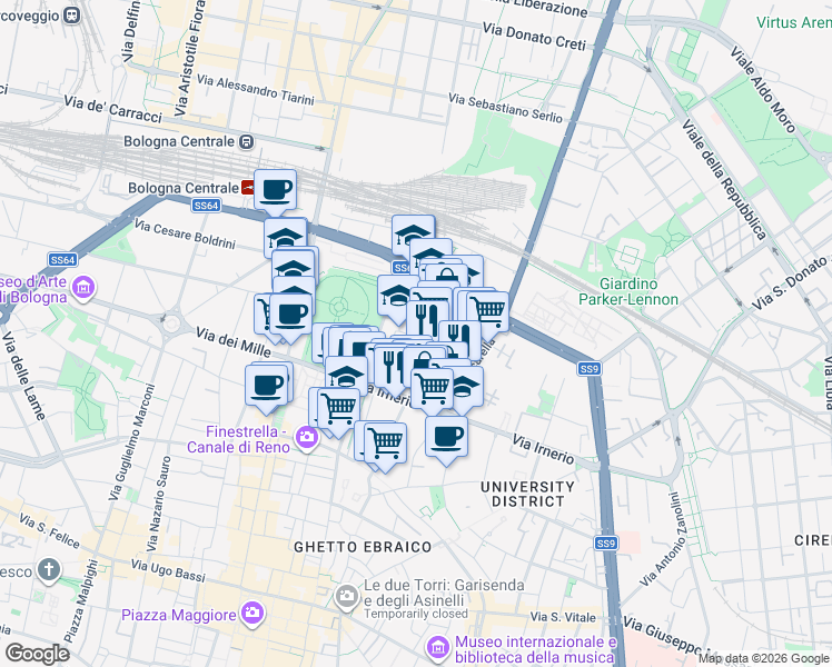 map of restaurants, bars, coffee shops, grocery stores, and more near in Bologna