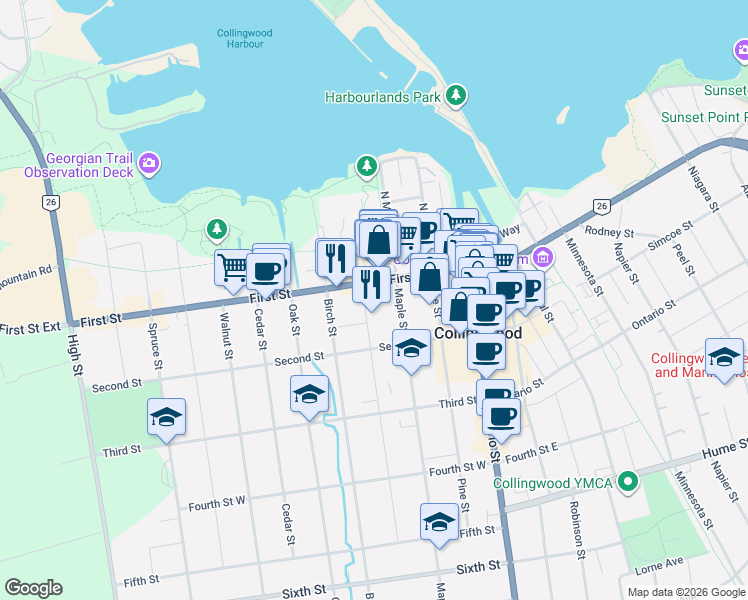 map of restaurants, bars, coffee shops, grocery stores, and more near 151 First Street in Collingwood