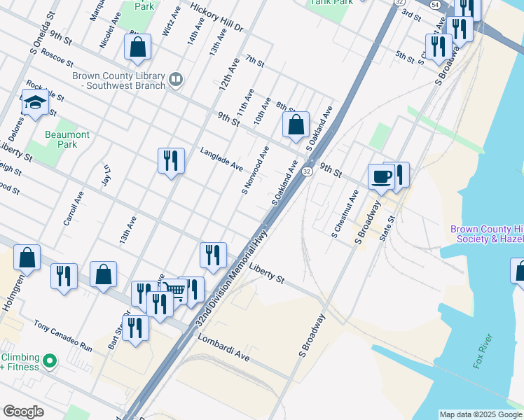 map of restaurants, bars, coffee shops, grocery stores, and more near 1428 South Oakland Avenue in Green Bay