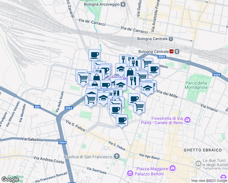 map of restaurants, bars, coffee shops, grocery stores, and more near 54 Via Azzo Gardino in Bologna
