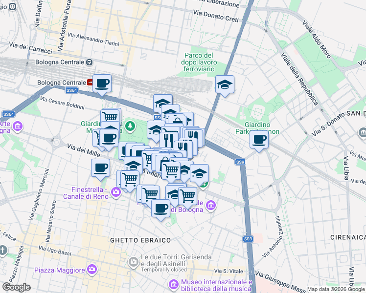 map of restaurants, bars, coffee shops, grocery stores, and more near 134 Via del Borgo di San Pietro in Bologna