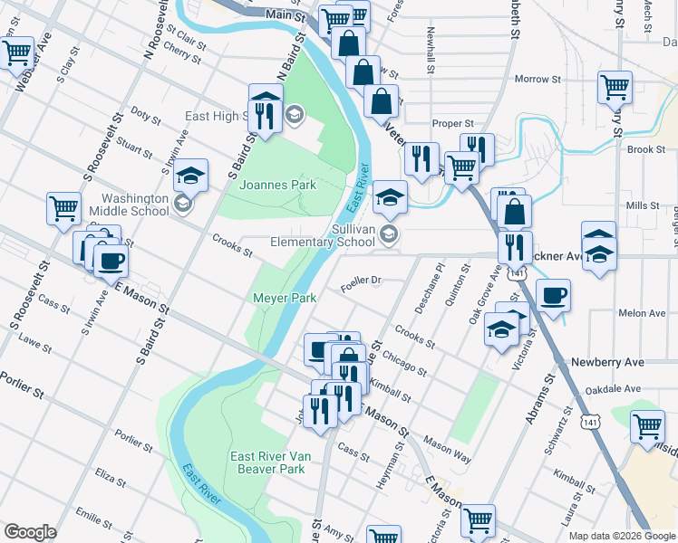 map of restaurants, bars, coffee shops, grocery stores, and more near 321 Hartung Street in Green Bay