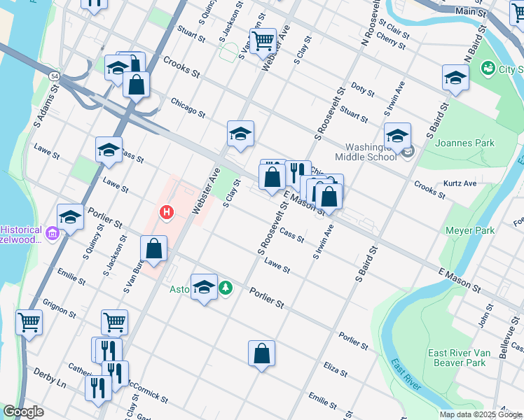map of restaurants, bars, coffee shops, grocery stores, and more near 1157 Cass St in Green Bay