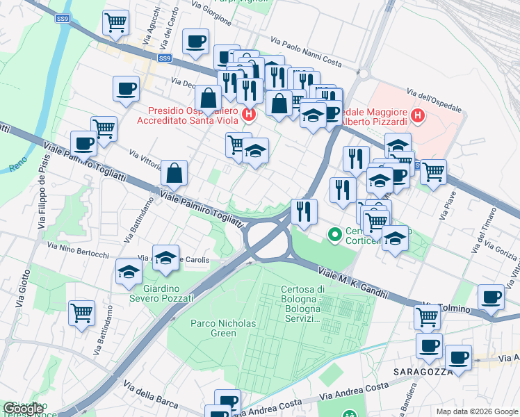 map of restaurants, bars, coffee shops, grocery stores, and more near 35 Via Melozzo da Forlì in Bologna