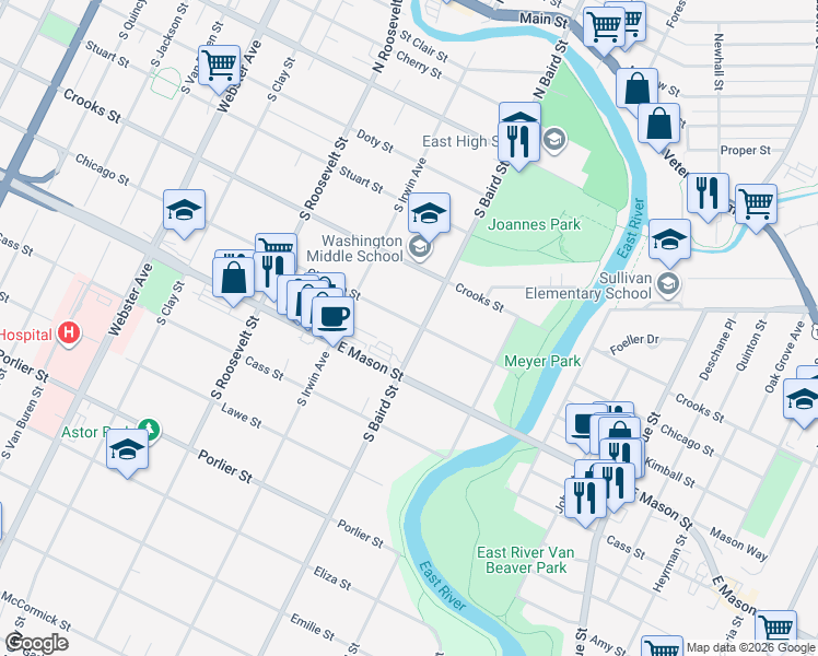 map of restaurants, bars, coffee shops, grocery stores, and more near 1364 Chicago Street in Green Bay