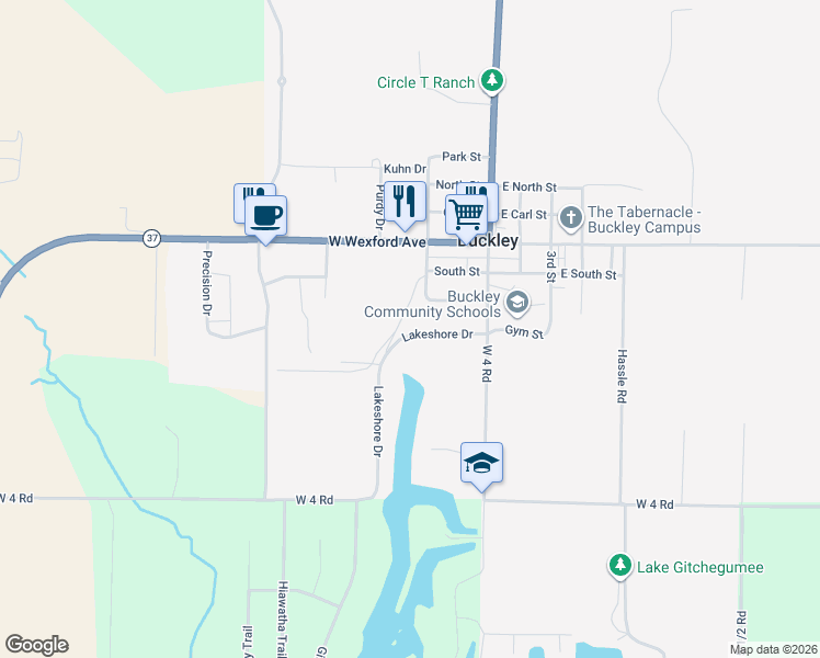 map of restaurants, bars, coffee shops, grocery stores, and more near Lakeshore Drive in Buckley
