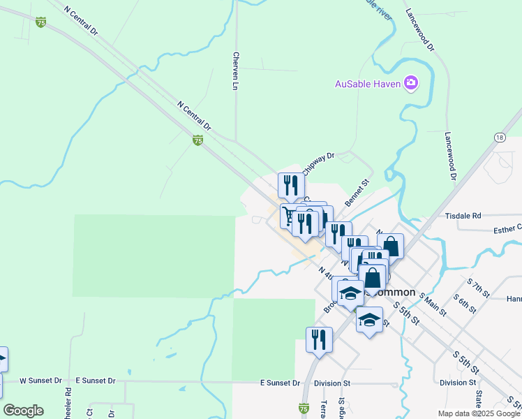 map of restaurants, bars, coffee shops, grocery stores, and more near 505 North 5th Street in Roscommon