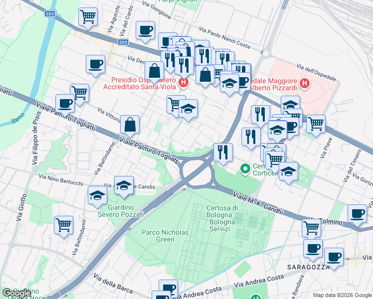 map of restaurants, bars, coffee shops, grocery stores, and more near 35 Via Melozzo da Forlì in Bologna