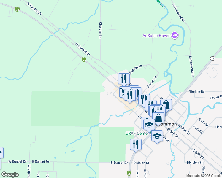 map of restaurants, bars, coffee shops, grocery stores, and more near 505 North 5th Street in Roscommon