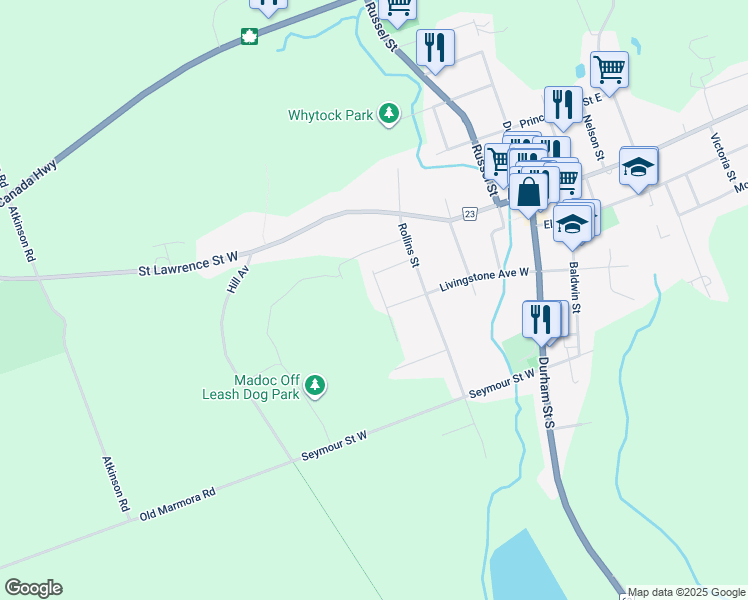 map of restaurants, bars, coffee shops, grocery stores, and more near 64 Francis Street in Madoc