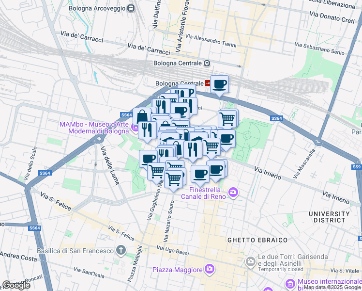 map of restaurants, bars, coffee shops, grocery stores, and more near 1 Piazza dei Martiri 1943 - 1945 in Bologna