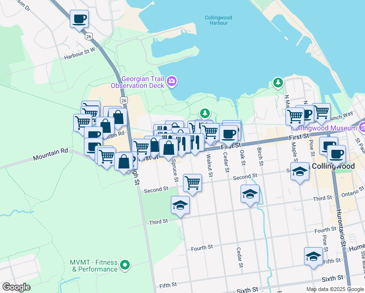 map of restaurants, bars, coffee shops, grocery stores, and more near 415 First Street in Collingwood
