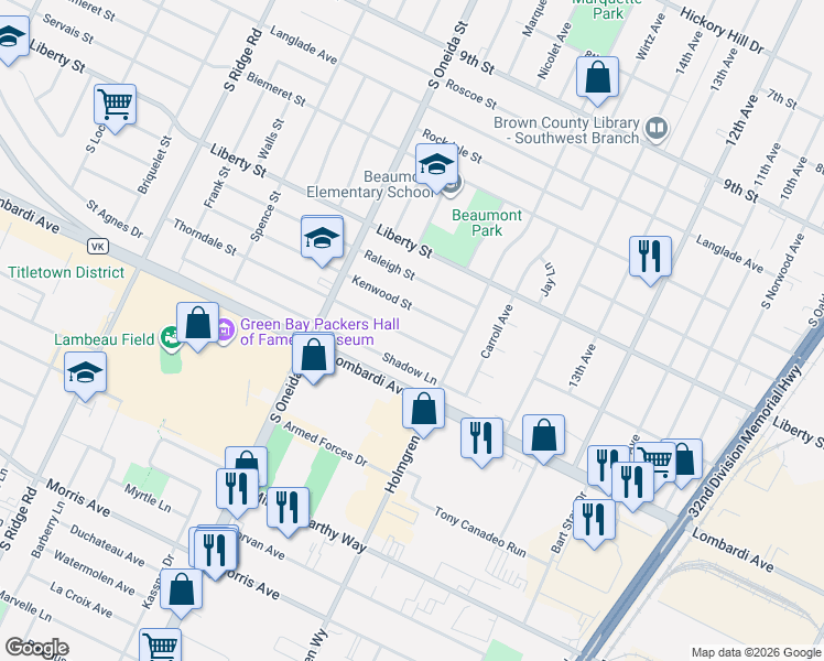 map of restaurants, bars, coffee shops, grocery stores, and more near 1086 Thorndale Street in Green Bay