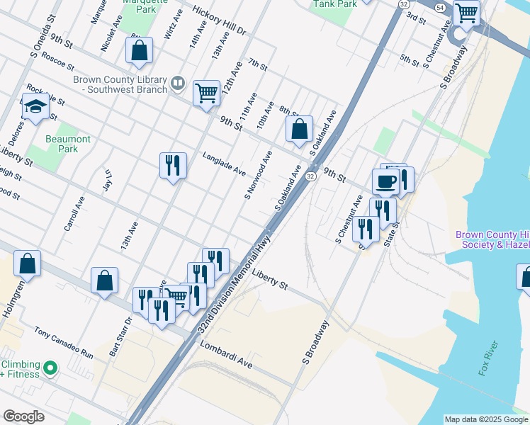 map of restaurants, bars, coffee shops, grocery stores, and more near 1428 South Oakland Avenue in Green Bay