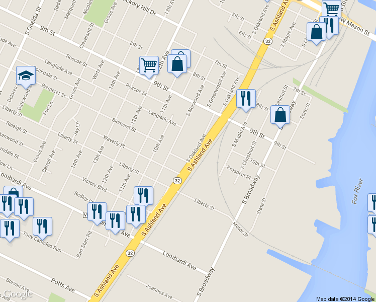 map of restaurants, bars, coffee shops, grocery stores, and more near 1428 South Oakland Avenue in Green Bay