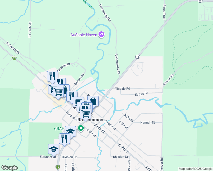 map of restaurants, bars, coffee shops, grocery stores, and more near 1319 North M-18 in Roscommon