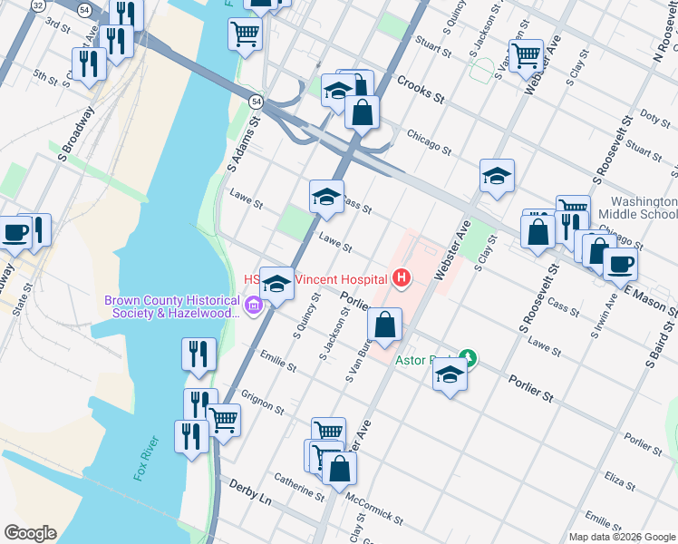 map of restaurants, bars, coffee shops, grocery stores, and more near 827 South Quincy Street in Green Bay