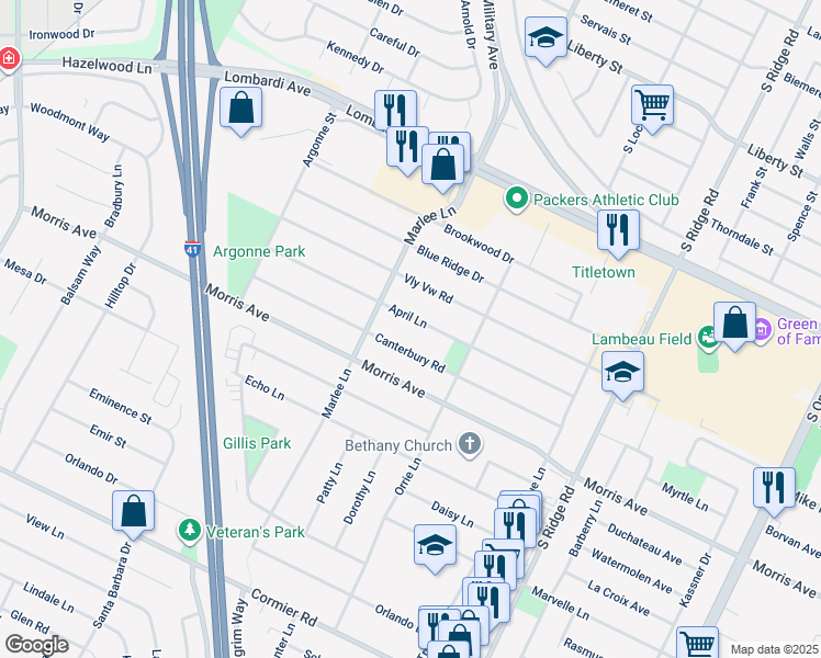 map of restaurants, bars, coffee shops, grocery stores, and more near 1199 April Lane in Green Bay
