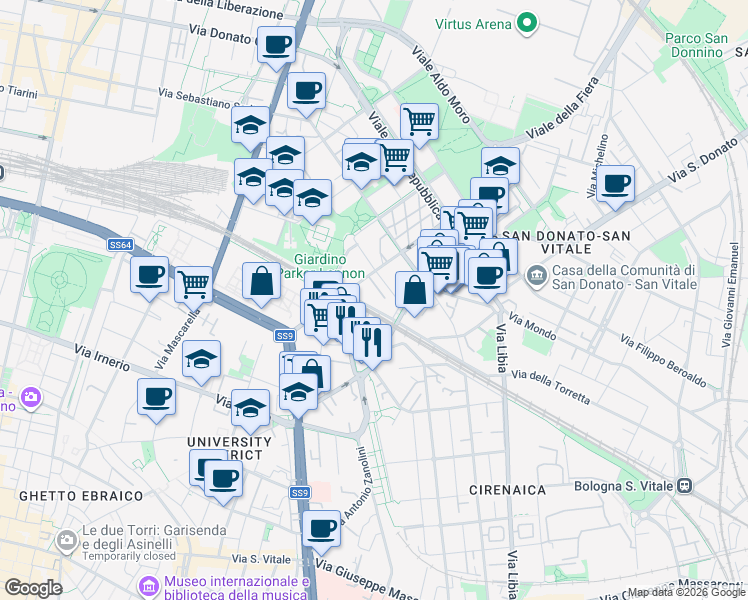 map of restaurants, bars, coffee shops, grocery stores, and more near 24 Via Vezza in Bologna