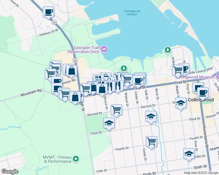 map of restaurants, bars, coffee shops, grocery stores, and more near 415 First Street in Collingwood