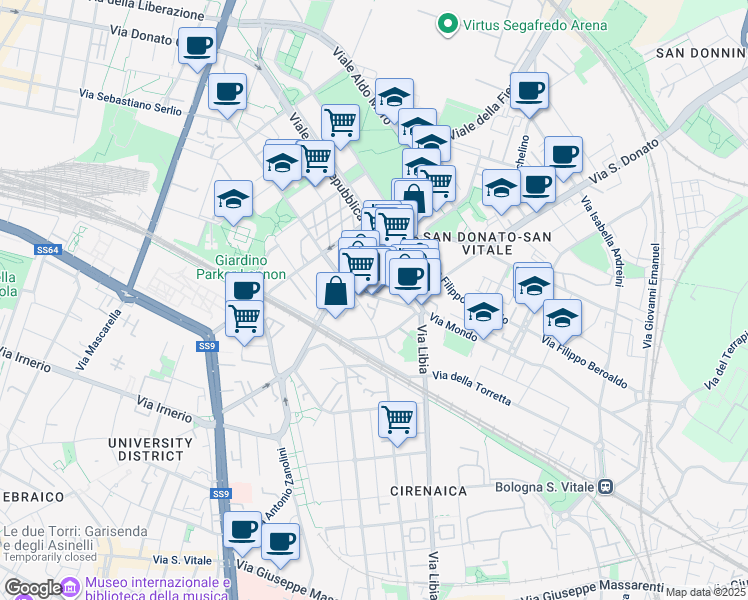 map of restaurants, bars, coffee shops, grocery stores, and more near 5 Via Romolo Amaseo in Bologna