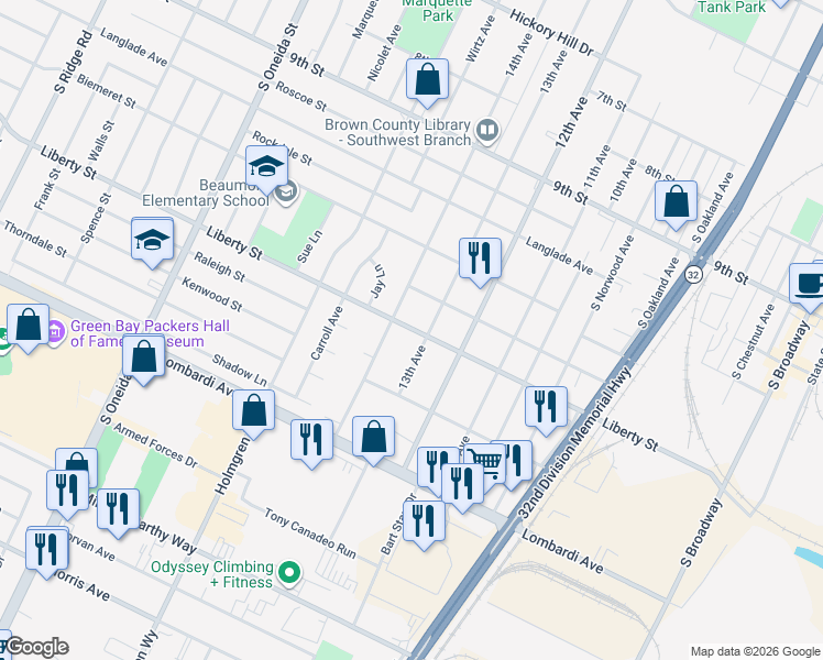 map of restaurants, bars, coffee shops, grocery stores, and more near 1600 13th Avenue in Green Bay
