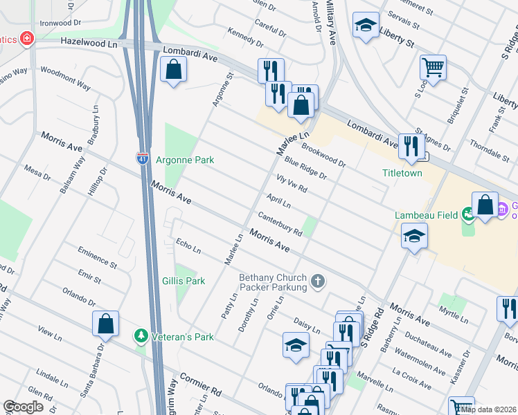 map of restaurants, bars, coffee shops, grocery stores, and more near 2051 Marlee Lane in Green Bay