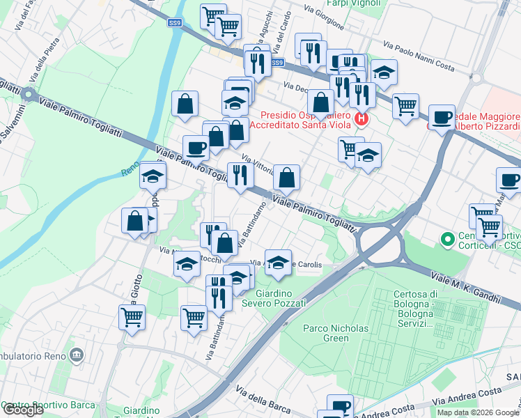 map of restaurants, bars, coffee shops, grocery stores, and more near in Bologna
