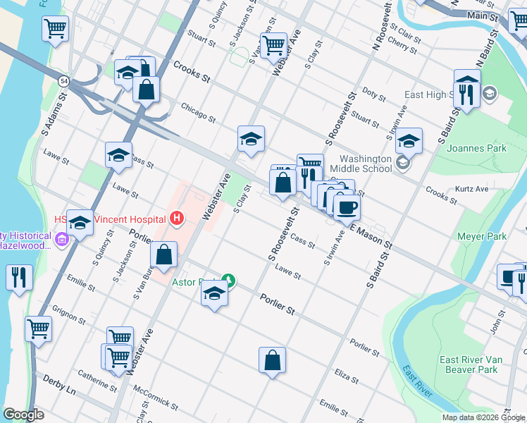 map of restaurants, bars, coffee shops, grocery stores, and more near 1157 Cass Street in Green Bay