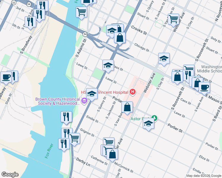 map of restaurants, bars, coffee shops, grocery stores, and more near 827 South Quincy Street in Green Bay