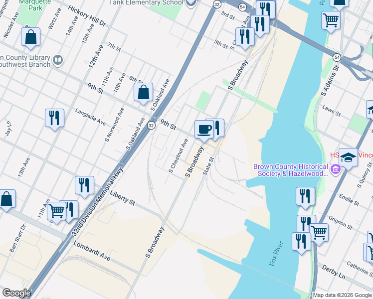 map of restaurants, bars, coffee shops, grocery stores, and more near 1329 South Chestnut Avenue in Green Bay