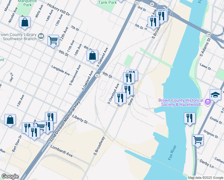 map of restaurants, bars, coffee shops, grocery stores, and more near 1129 Lincoln Street in Green Bay