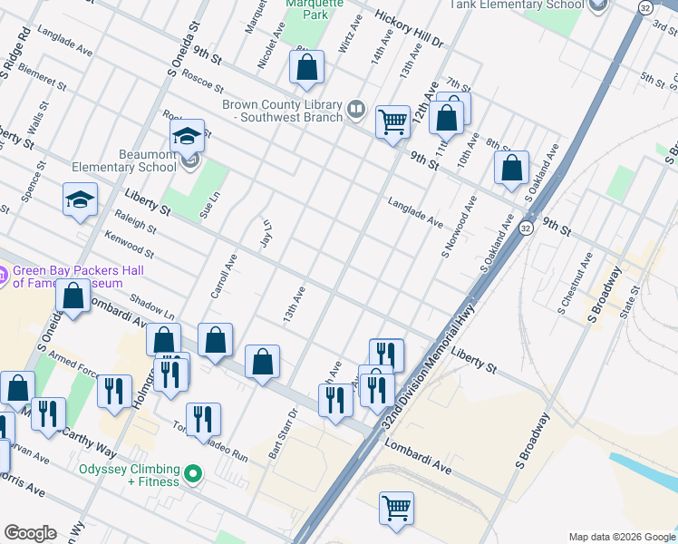 map of restaurants, bars, coffee shops, grocery stores, and more near 921 Waverly Place in Green Bay