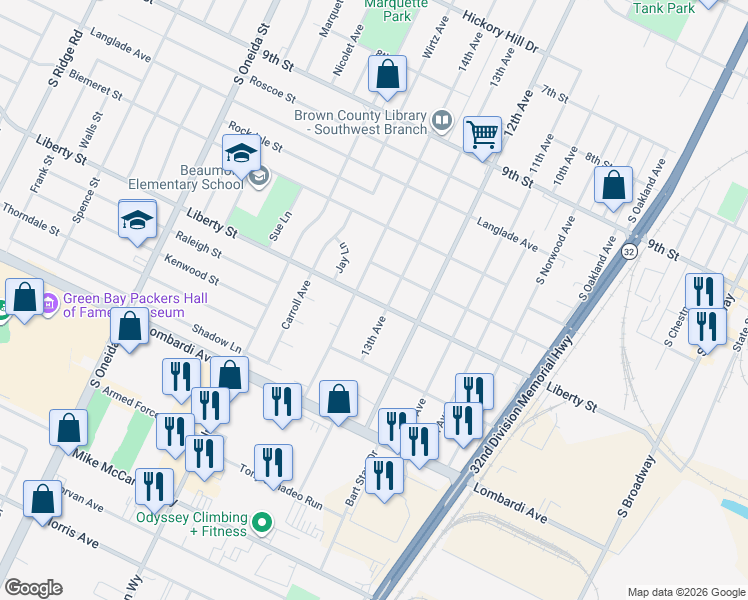 map of restaurants, bars, coffee shops, grocery stores, and more near 1600 13th Avenue in Green Bay