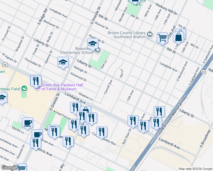 map of restaurants, bars, coffee shops, grocery stores, and more near 1732 Carroll Avenue in Green Bay