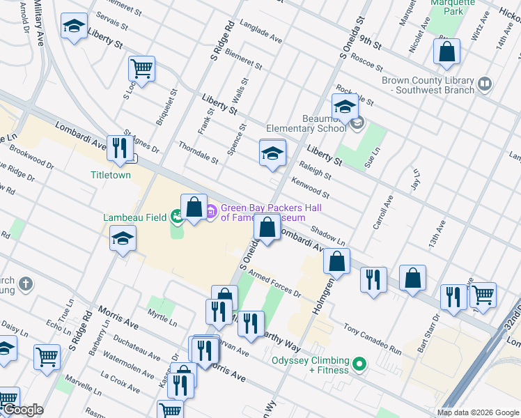map of restaurants, bars, coffee shops, grocery stores, and more near 1173 Shadow Lane in Green Bay