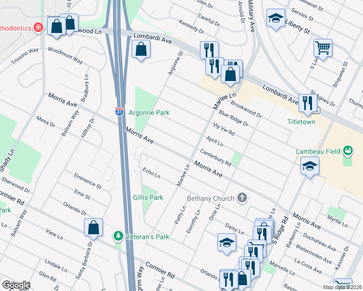 map of restaurants, bars, coffee shops, grocery stores, and more near 1255 Canterbury Road in Green Bay