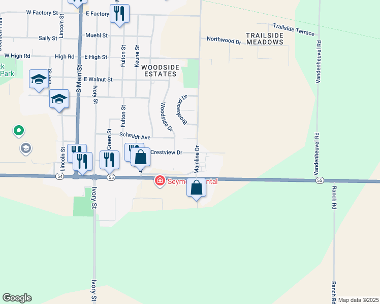 map of restaurants, bars, coffee shops, grocery stores, and more near 732 Crestview Drive in Seymour