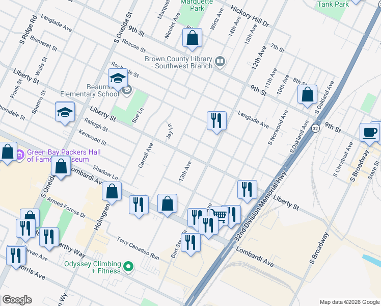 map of restaurants, bars, coffee shops, grocery stores, and more near 1600 13th Avenue in Green Bay