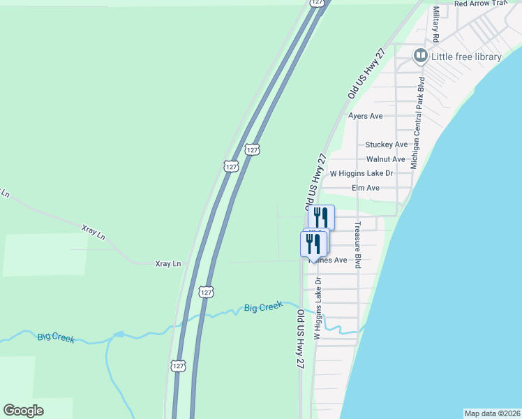 map of restaurants, bars, coffee shops, grocery stores, and more near 345 Elm Avenue in Roscommon