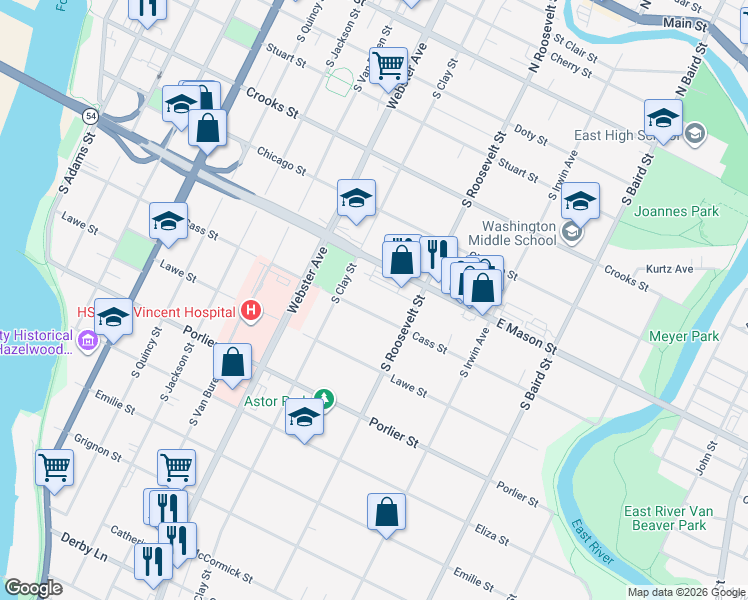map of restaurants, bars, coffee shops, grocery stores, and more near 1157 Cass Street in Green Bay