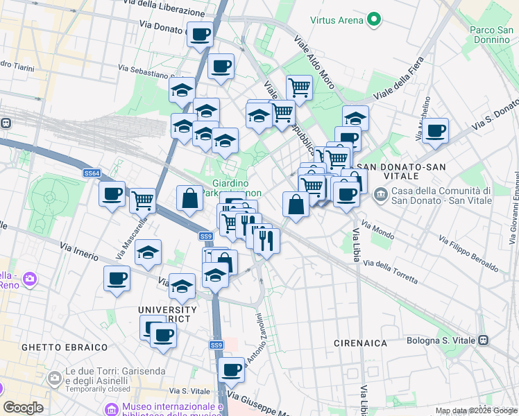 map of restaurants, bars, coffee shops, grocery stores, and more near 24 Via Vezza in Bologna