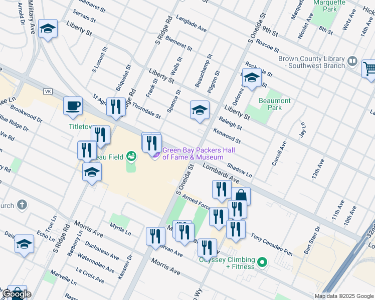 map of restaurants, bars, coffee shops, grocery stores, and more near 1173 Shadow Lane in Green Bay