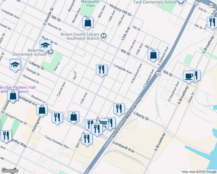 map of restaurants, bars, coffee shops, grocery stores, and more near 892 Waverly Place in Green Bay