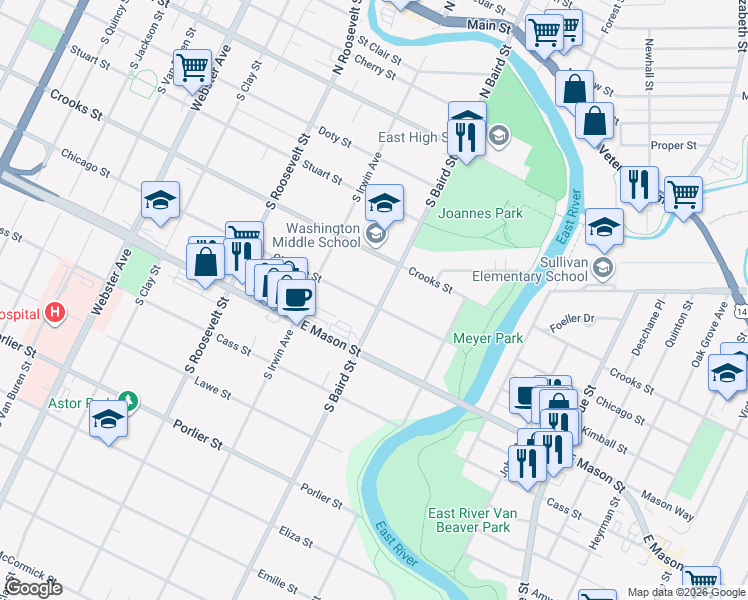 map of restaurants, bars, coffee shops, grocery stores, and more near 1364 Chicago Street in Green Bay
