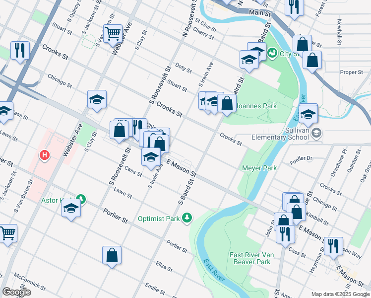 map of restaurants, bars, coffee shops, grocery stores, and more near 1326 Chicago Street in Green Bay
