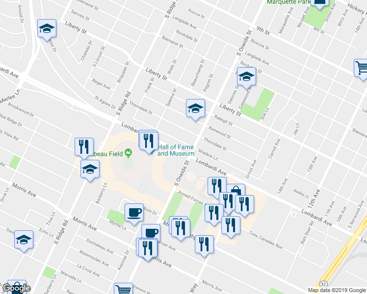 map of restaurants, bars, coffee shops, grocery stores, and more near 1100-1138 Lombardi Avenue in Green Bay